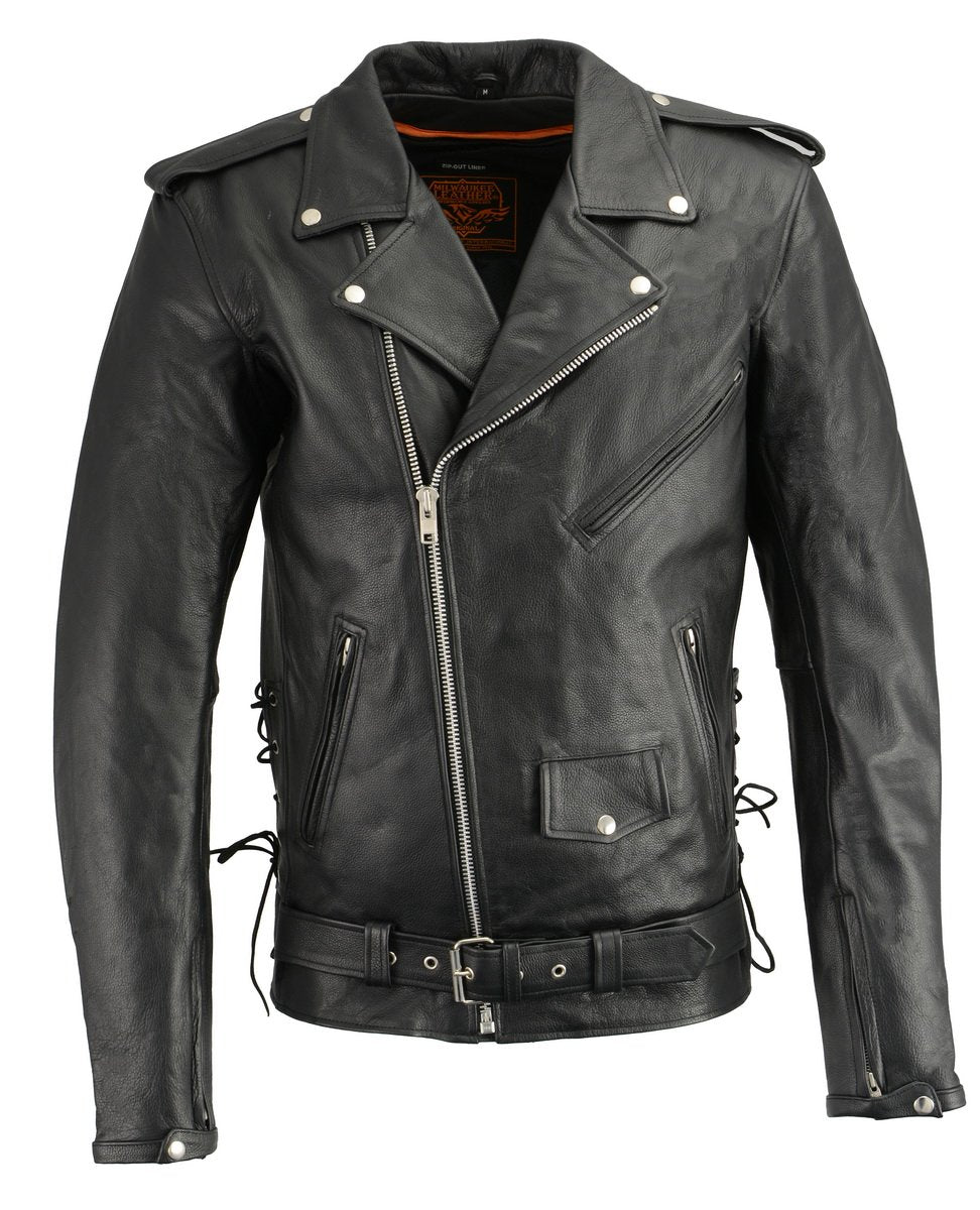 LKM1711TALL Men's Black Tall-Sizes Side Lace Police Style Leather Jacket