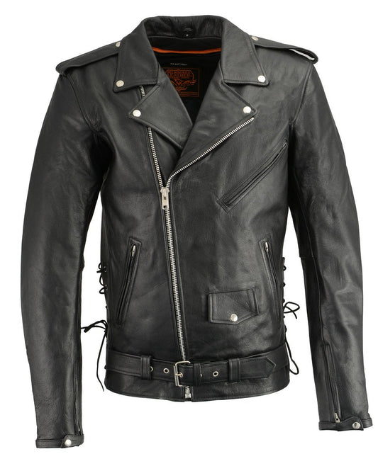 LKM1711TALL Men's Black Tall-Sizes Side Lace Police Style Leather Jacket