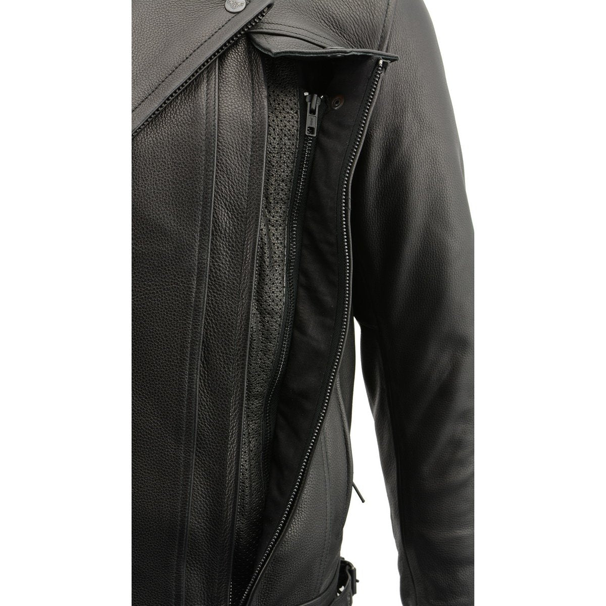 LKM1720 Men's Black Premium Leather Motorcycle Vented Leather Jacket w/ Multi-Utility Pockets