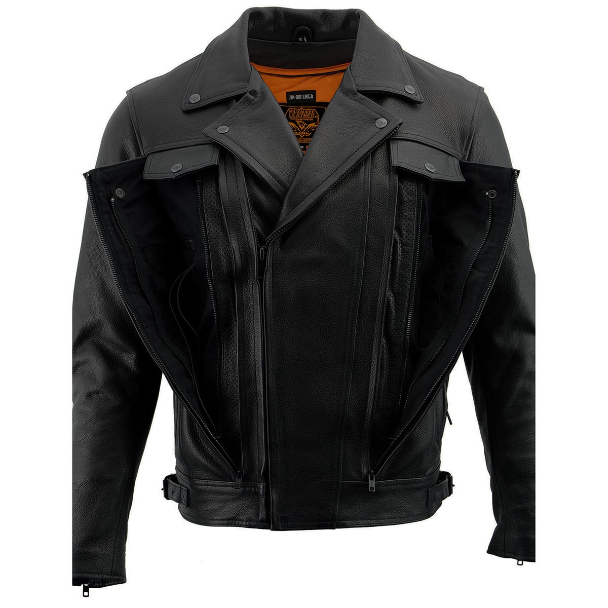 LKM1720T Men's Tall Sizes Black Premium Leather Motorcycle Vented Leather Jacket w/ Utility Pockets