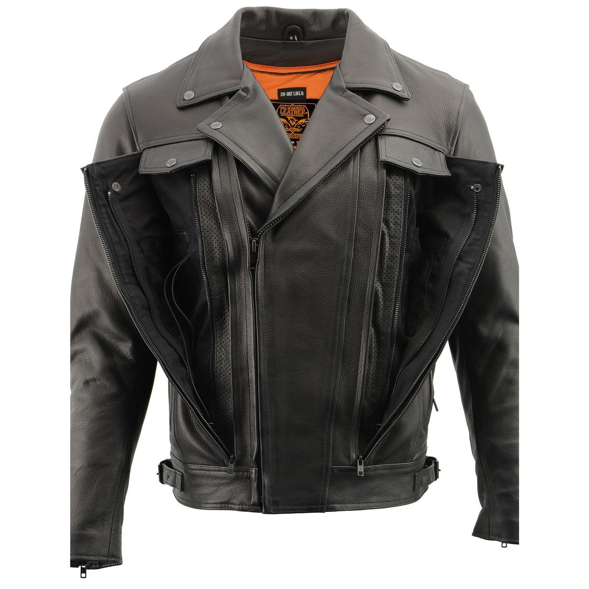 LKM1720 Men's Black Premium Leather Motorcycle Vented Leather Jacket w/ Multi-Utility Pockets