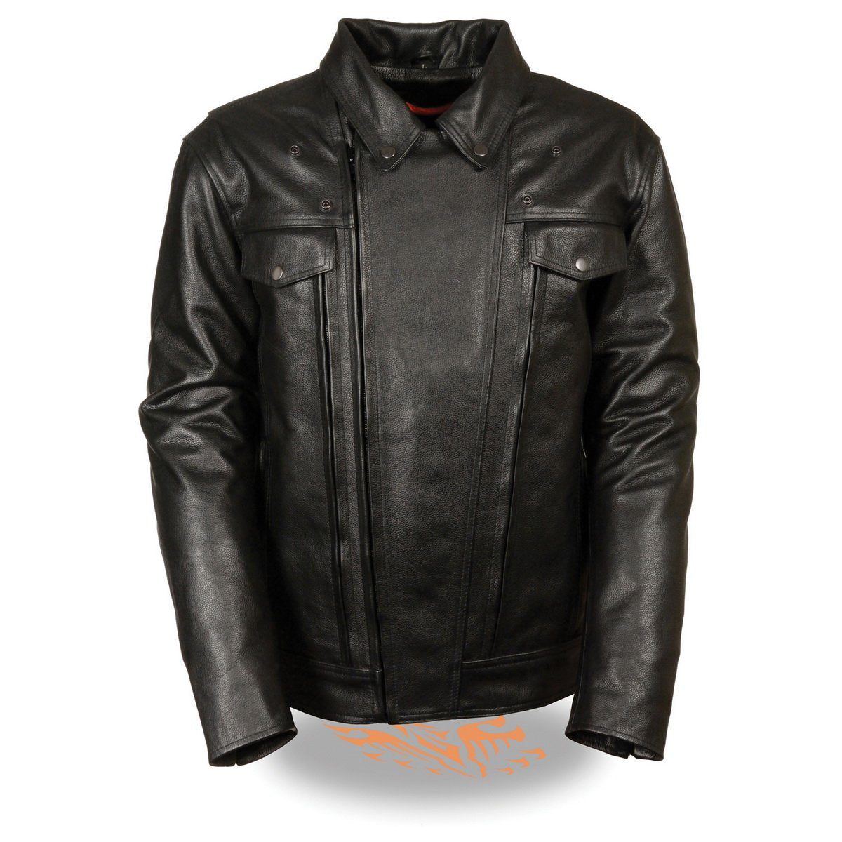 LKM1720T Men's Tall Sizes Black Premium Leather Motorcycle Vented Leather Jacket w/ Utility Pockets