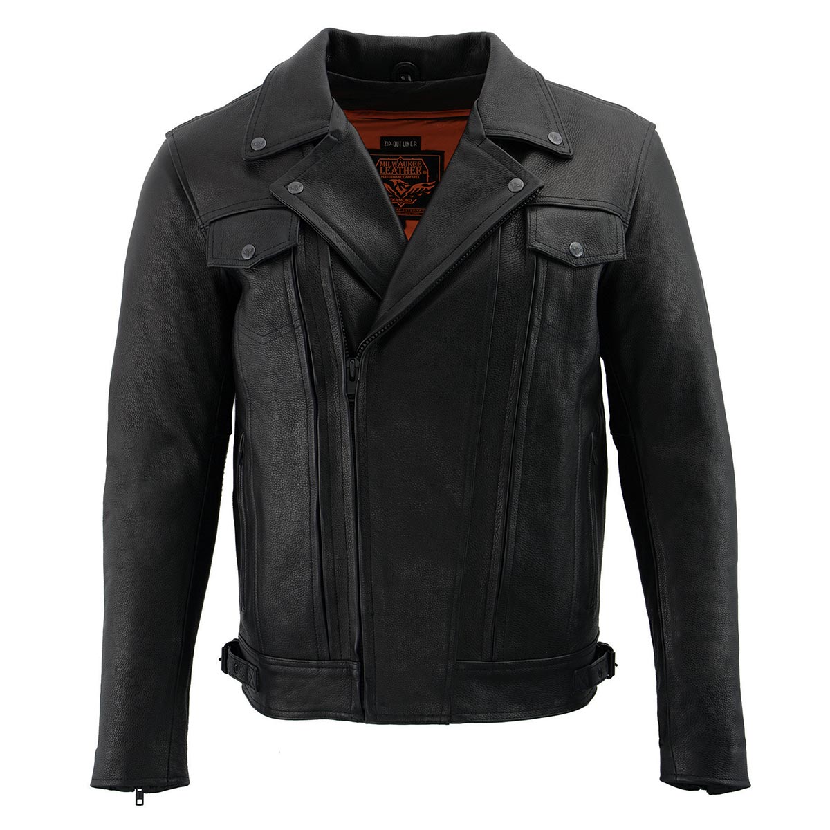 LKM1720 Men's Black Premium Leather Motorcycle Vented Leather Jacket w/ Multi-Utility Pockets