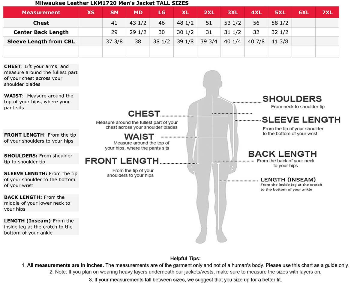 LKM1720T Men's Tall Sizes Black Premium Leather Motorcycle Vented Leather Jacket w/ Utility Pockets