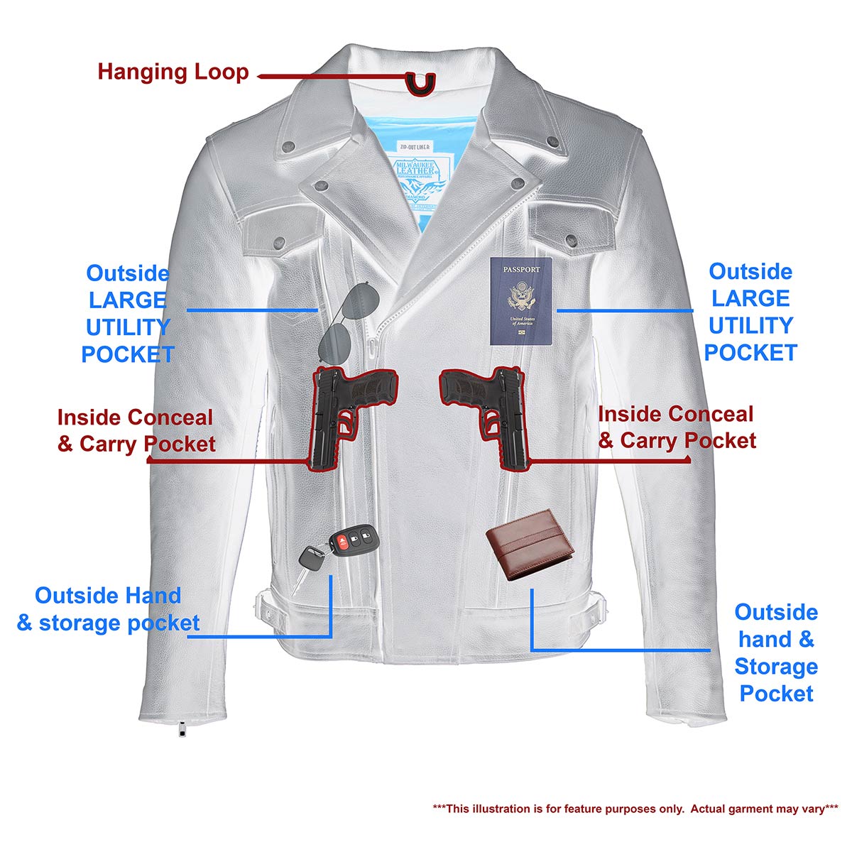 LKM1720 Men's Black Premium Leather Motorcycle Vented Leather Jacket w/ Multi-Utility Pockets