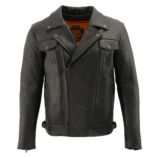 LKM1720 Men's Black Premium Leather Motorcycle Vented Leather Jacket w/ Multi-Utility Pockets