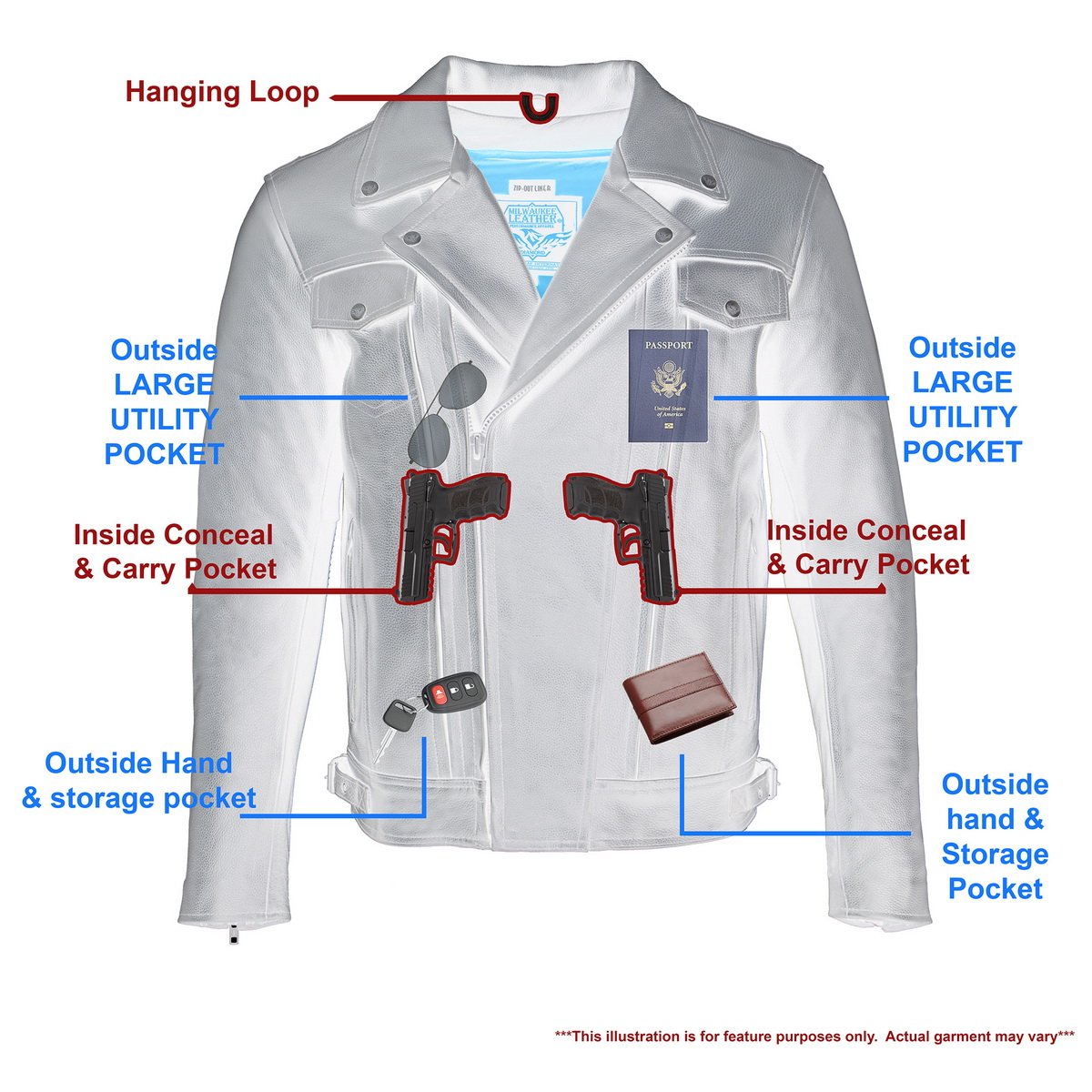 LKM1720T Men's Tall Sizes Black Premium Leather Motorcycle Vented Leather Jacket w/ Utility Pockets