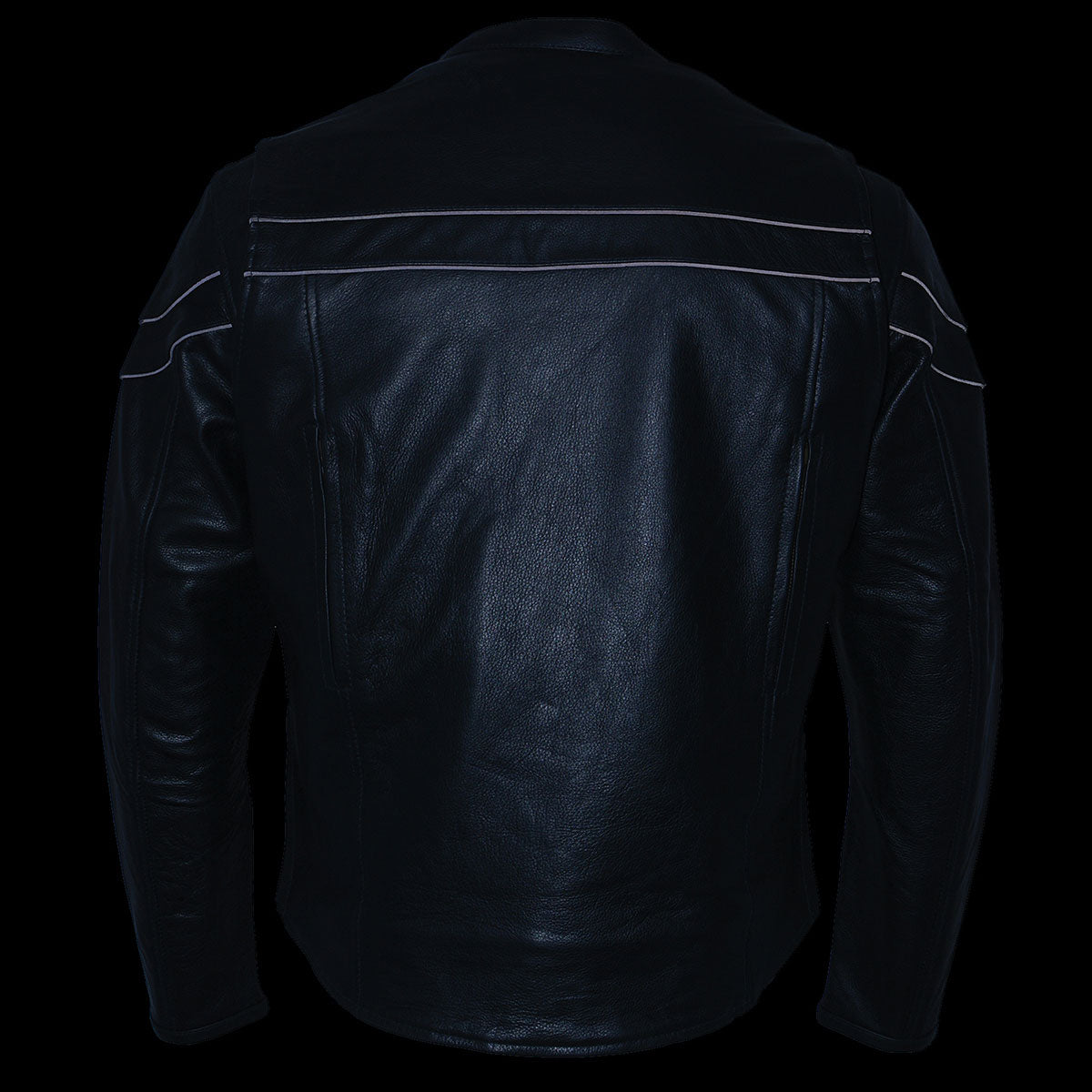 LKM1725 Men's Black Leather Sporty Crossover Scooter Motorcycle Jacket w/ Reflective Piping