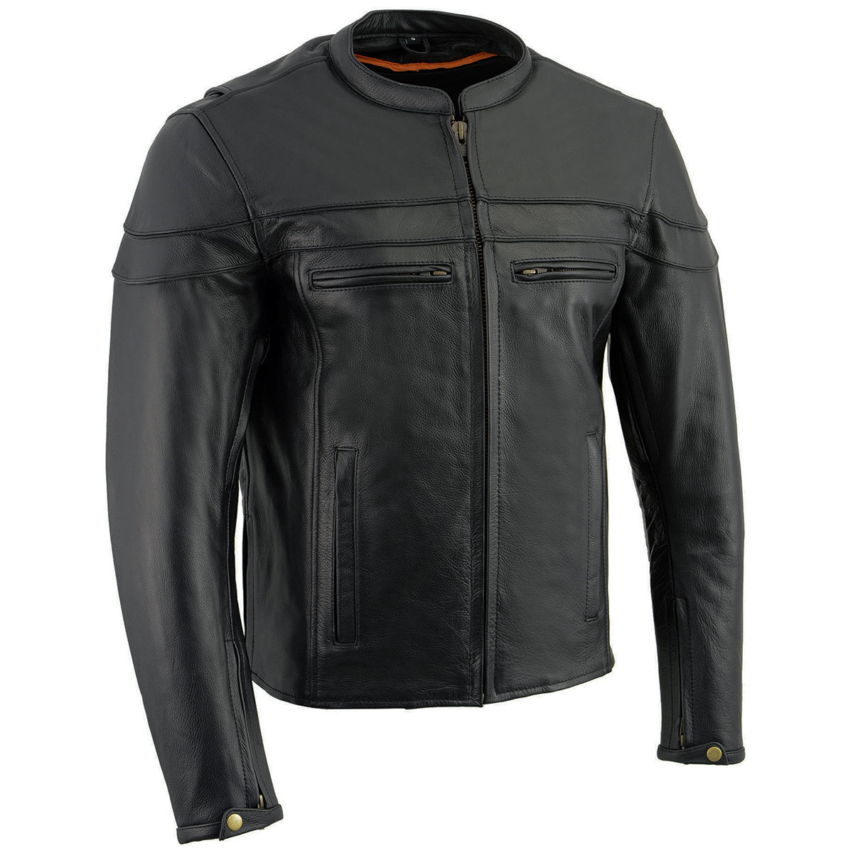LKM1725 Men's Black Leather Sporty Crossover Scooter Motorcycle Jacket w/ Reflective Piping