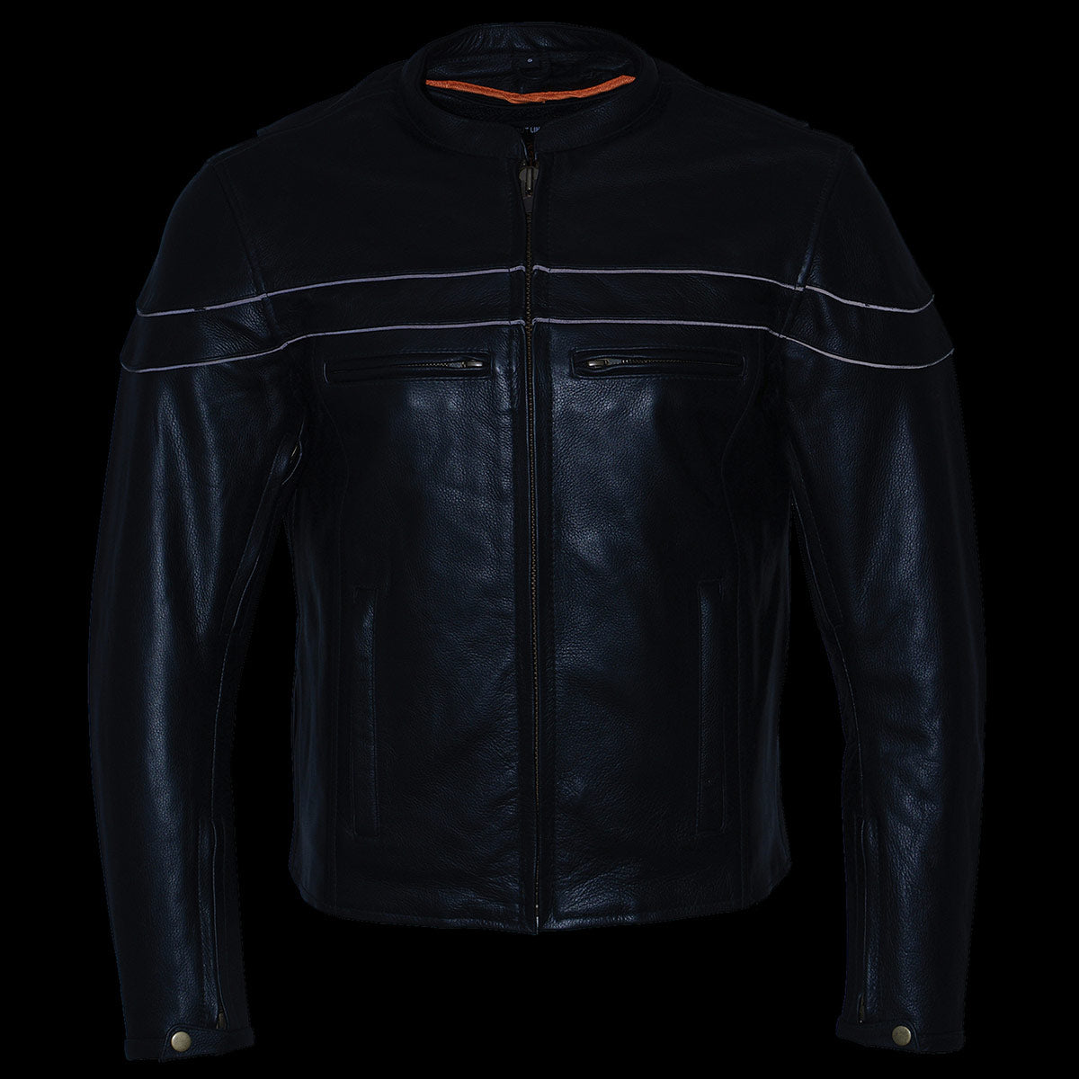 LKM1725 Men's Black Leather Sporty Crossover Scooter Motorcycle Jacket w/ Reflective Piping