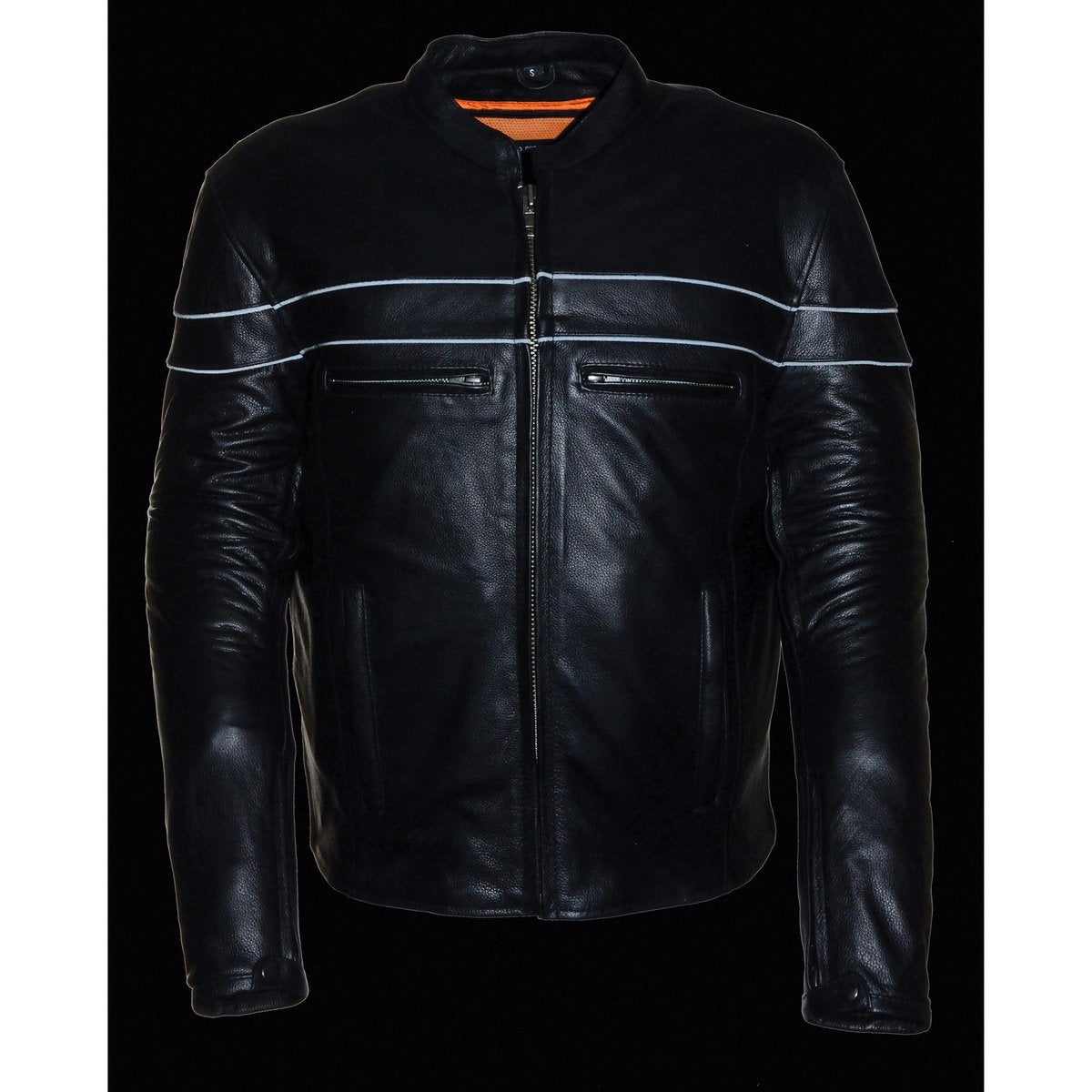 LKM1725 Men's Black Leather Sporty Crossover Scooter Motorcycle Jacket w/ Reflective Piping