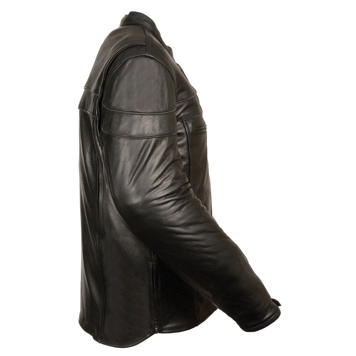 LKM1725 Men's Black Leather Sporty Crossover Scooter Motorcycle Jacket w/ Reflective Piping