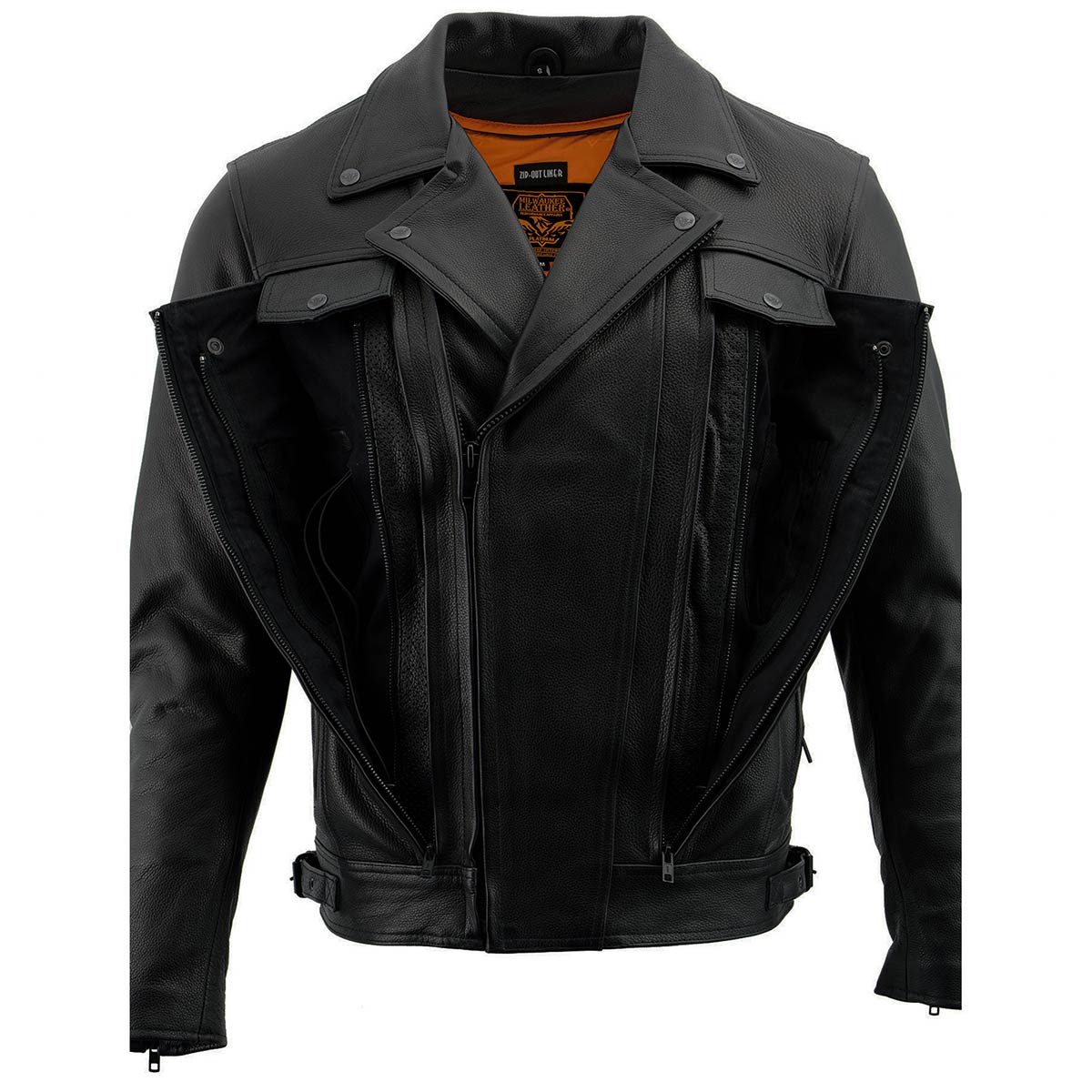 LKM1760 Men's Black Leather Motorcycle Riders Jacket w/ Multi-Utility Pockets