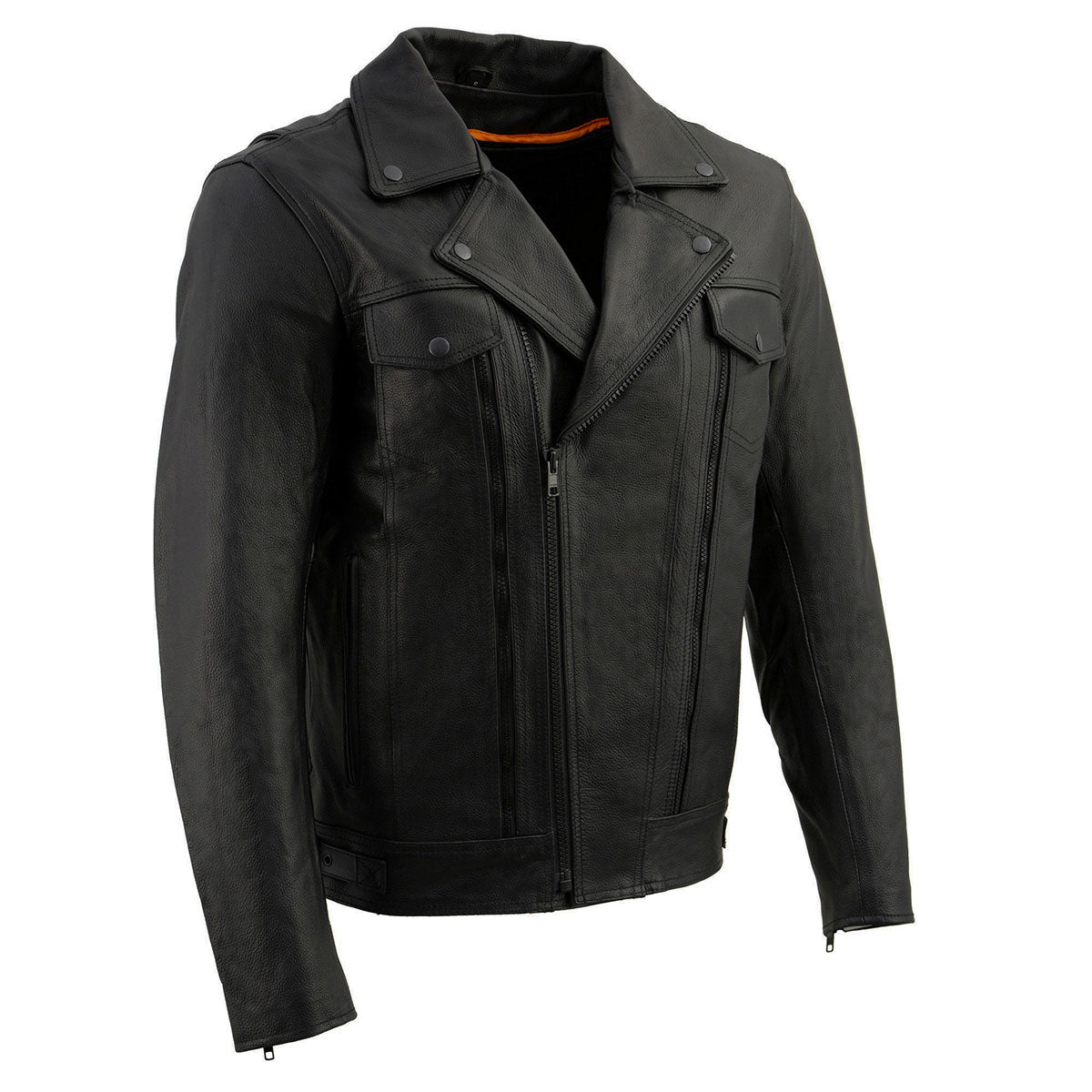 LKM1760 Men's Black Leather Motorcycle Riders Jacket w/ Multi-Utility Pockets