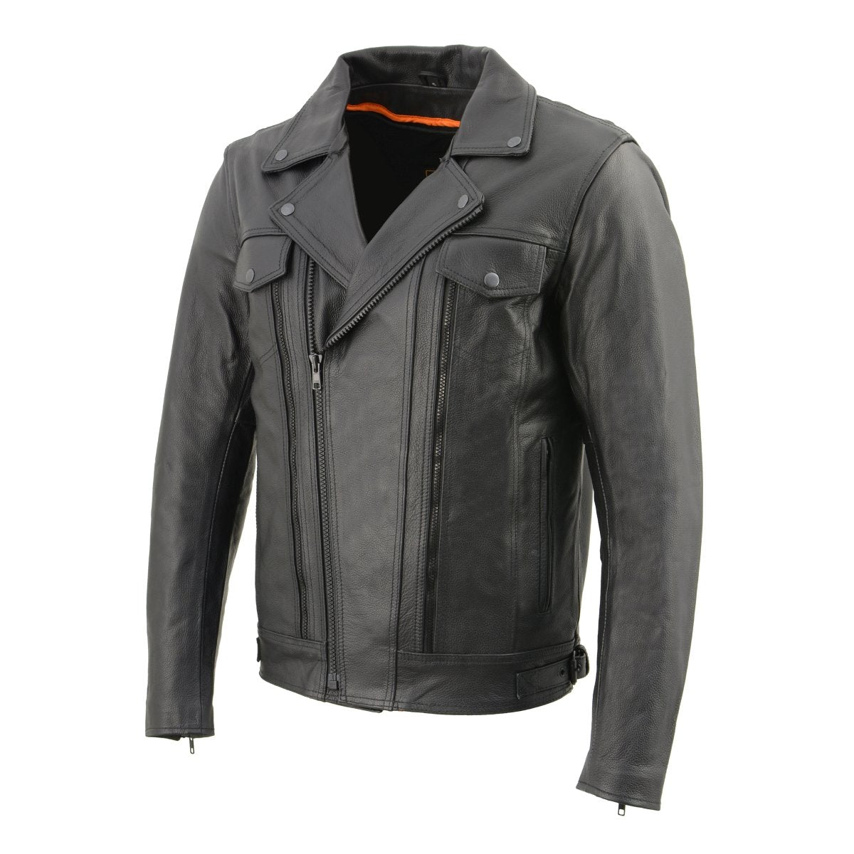 LKM1760 Men's Black Leather Motorcycle Riders Jacket w/ Multi-Utility Pockets