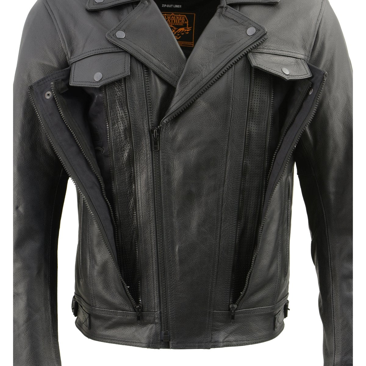LKM1760 Men's Black Leather Motorcycle Riders Jacket w/ Multi-Utility Pockets