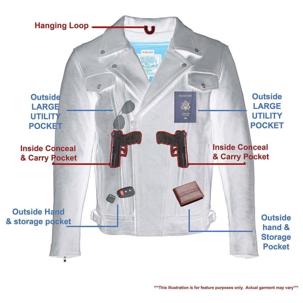 LKM1760 Men's Black Leather Motorcycle Riders Jacket w/ Multi-Utility Pockets