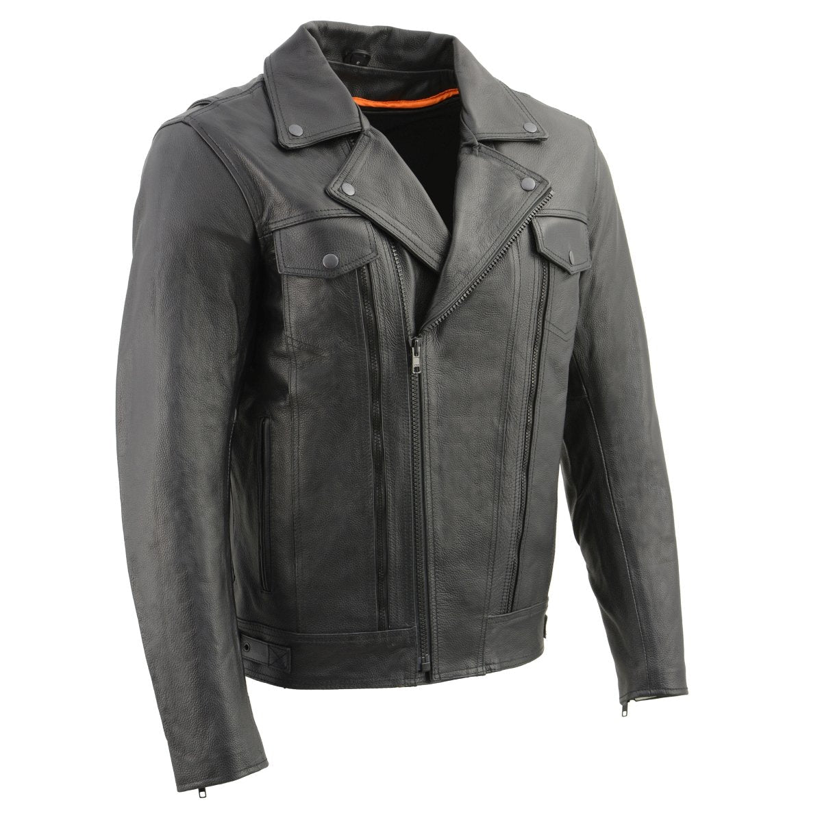 LKM1760 Men's Black Leather Motorcycle Riders Jacket w/ Multi-Utility Pockets