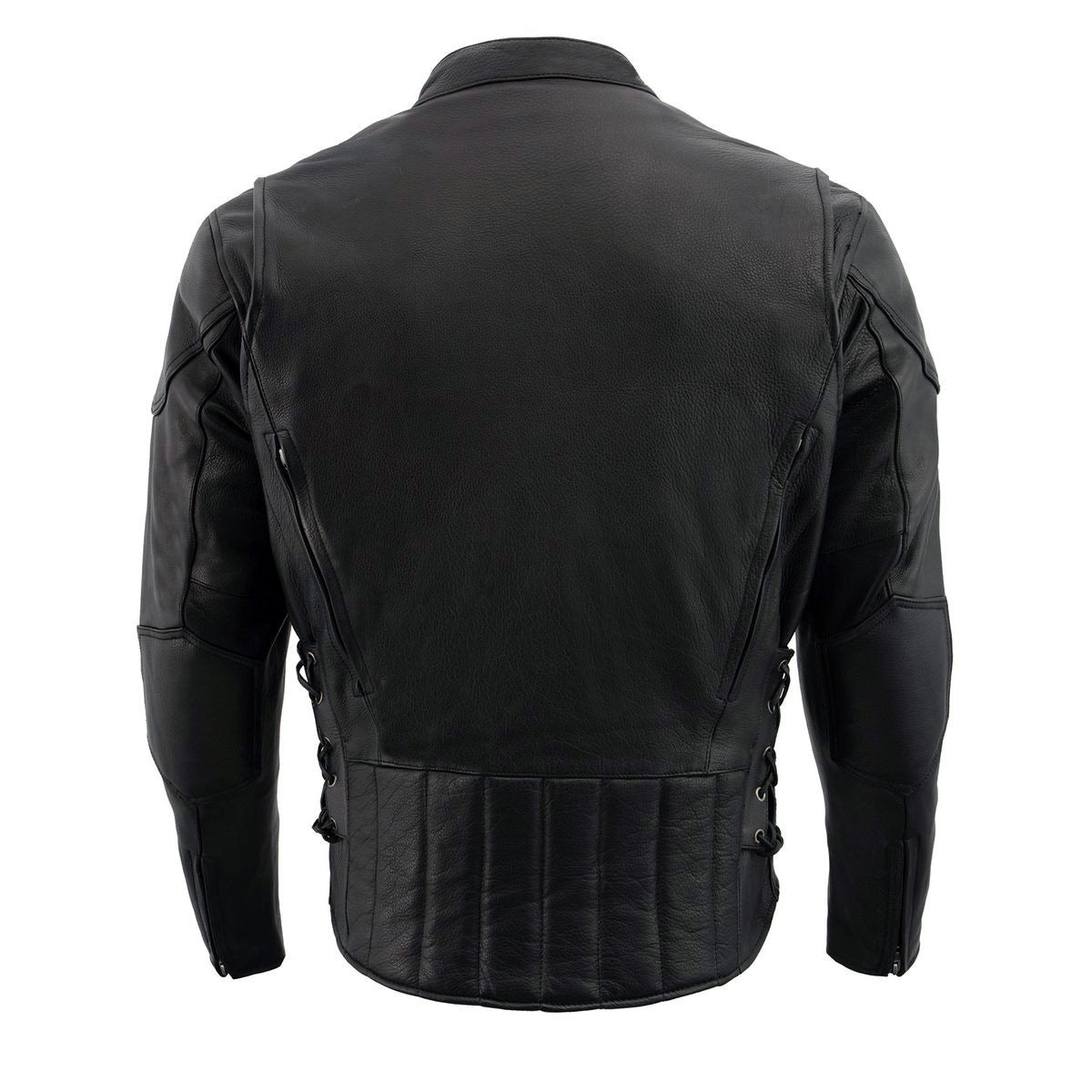 LKM1765 Men's Black Leather Racer Style Side Laced Motorcycle Jacket w/ Ventilation System