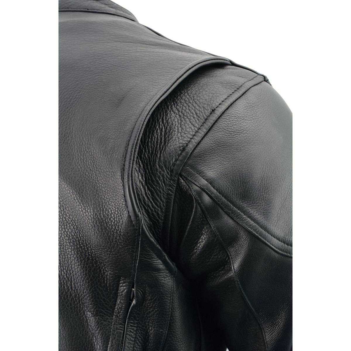 LKM1765 Men's Black Leather Racer Style Side Laced Motorcycle Jacket w/ Ventilation System