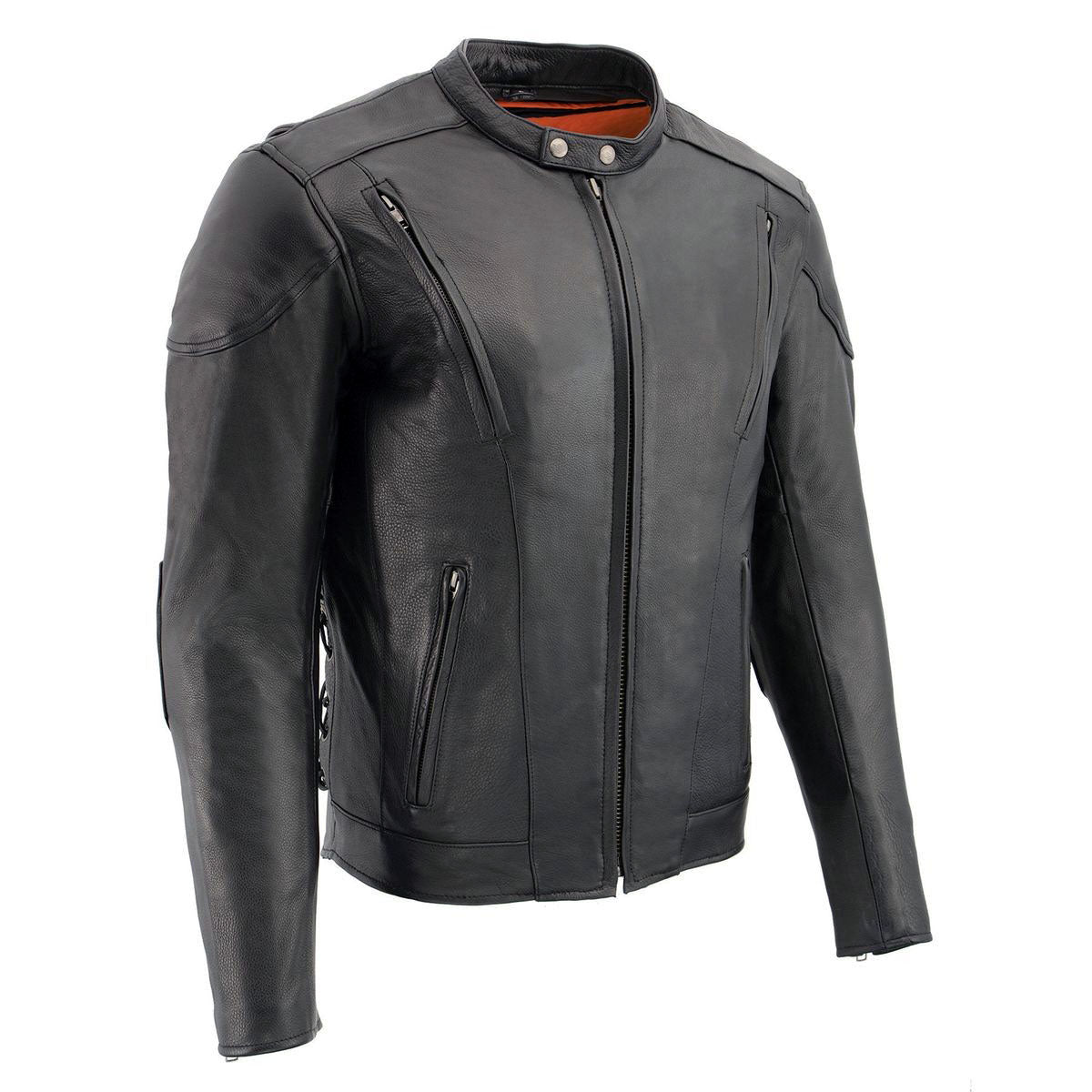 LKM1765 Men's Black Leather Racer Style Side Laced Motorcycle Jacket w/ Ventilation System
