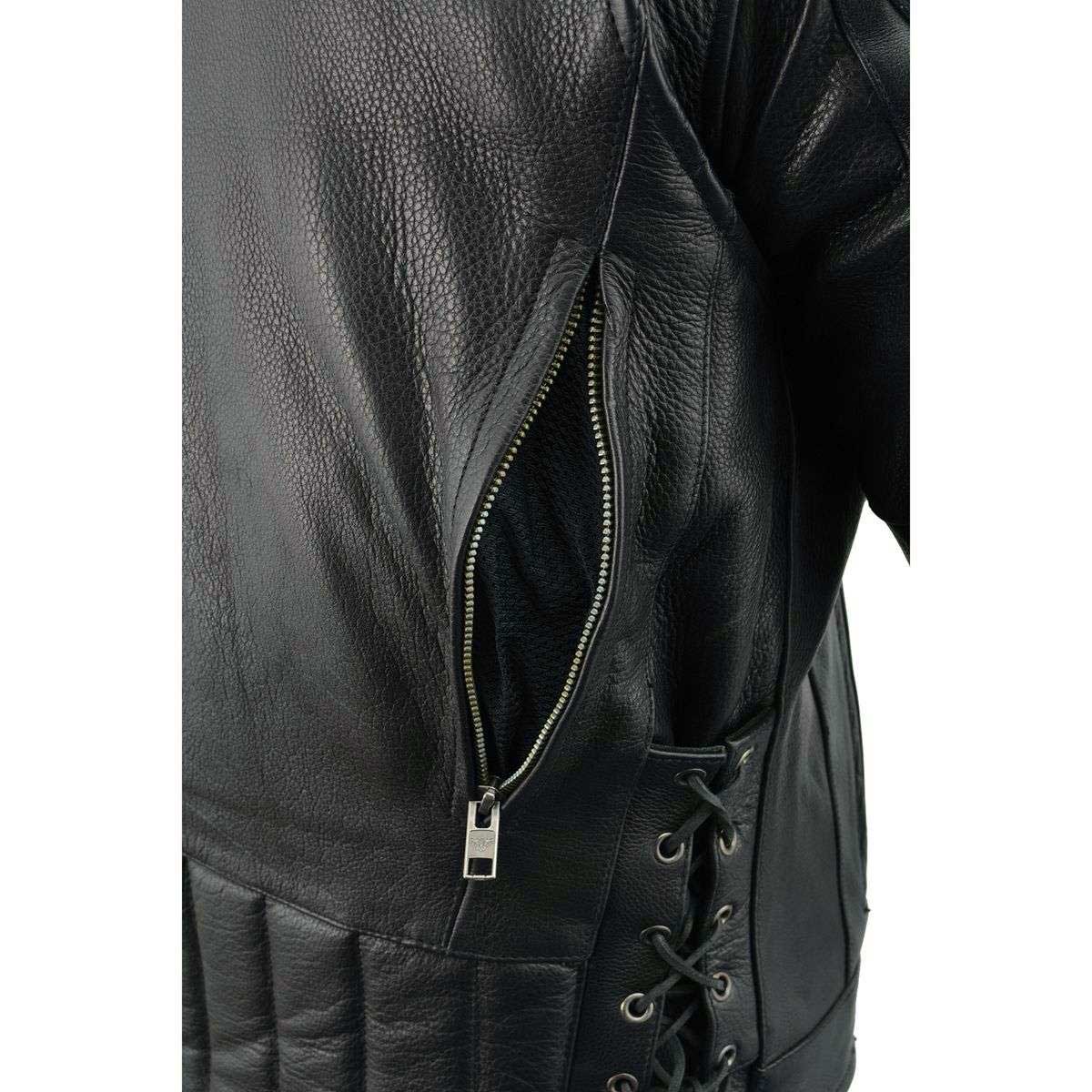 LKM1765 Men's Black Leather Racer Style Side Laced Motorcycle Jacket w/ Ventilation System