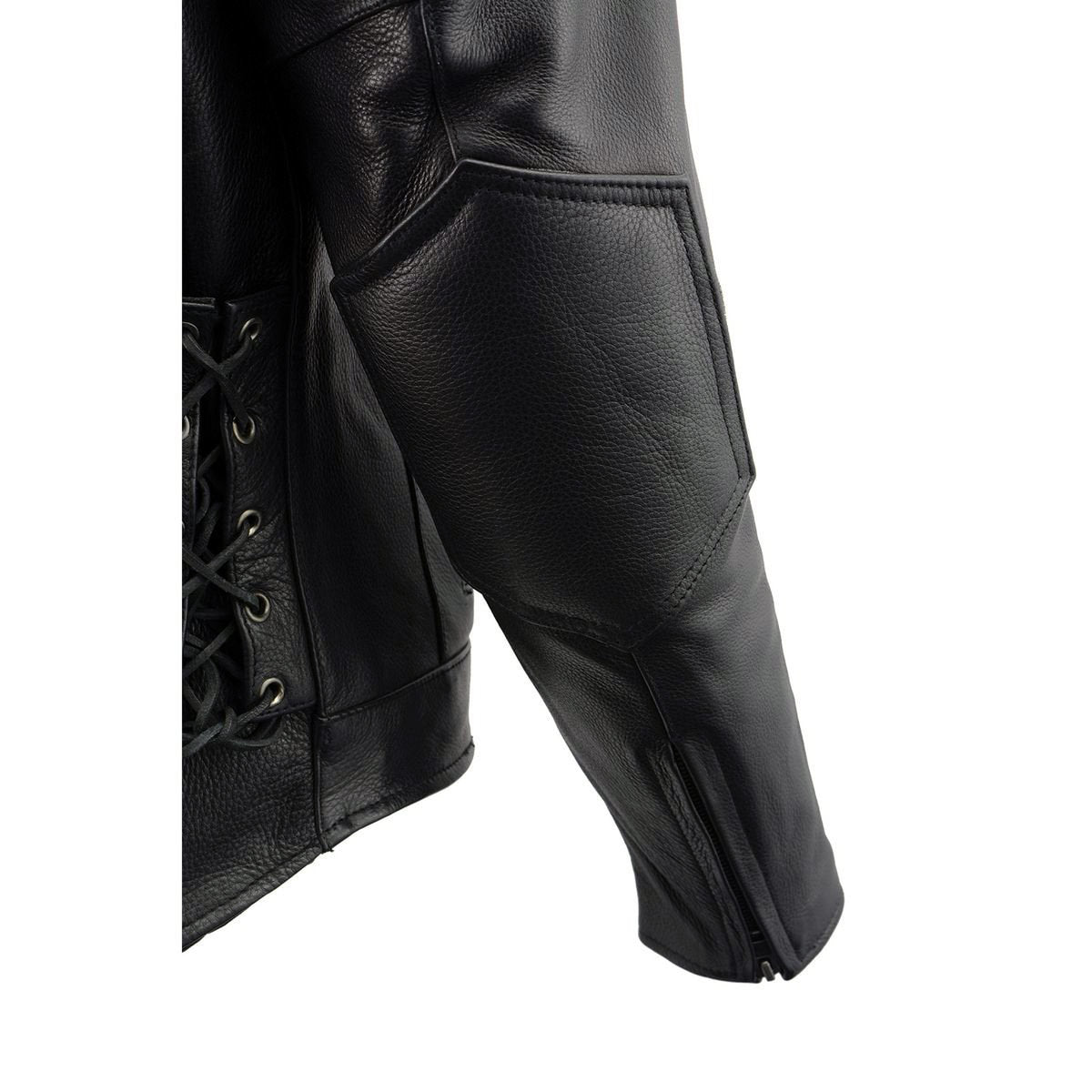 LKM1765 Men's Black Leather Racer Style Side Laced Motorcycle Jacket w/ Ventilation System