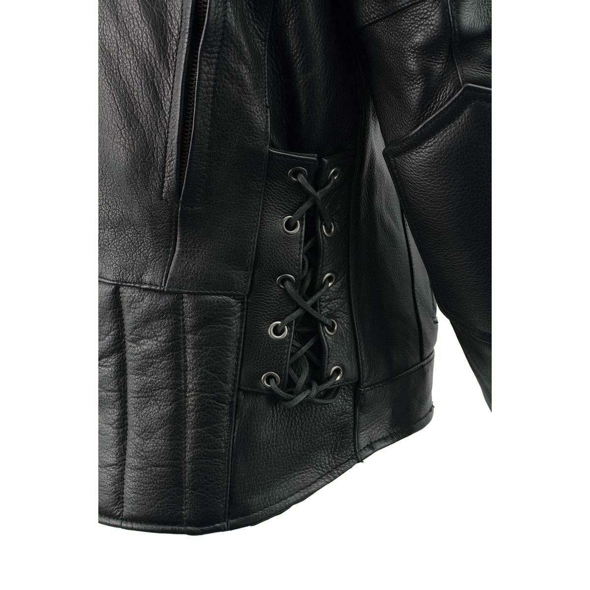 LKM1765 Men's Black Leather Racer Style Side Laced Motorcycle Jacket w/ Ventilation System