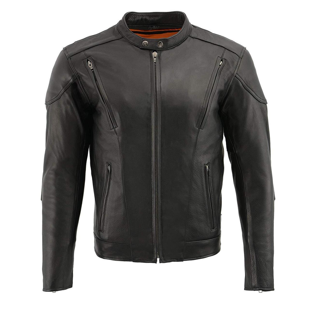 LKM1765 Men's Black Leather Racer Style Side Laced Motorcycle Jacket w/ Ventilation System