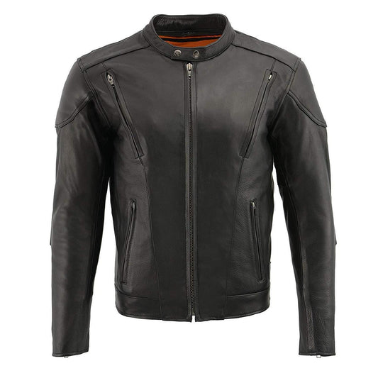 LKM1765 Men's Black Leather Racer Style Side Laced Motorcycle Jacket w/ Ventilation System
