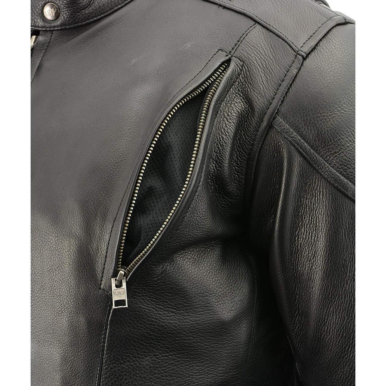 LKM1765 Men's Black Leather Racer Style Side Laced Motorcycle Jacket w/ Ventilation System
