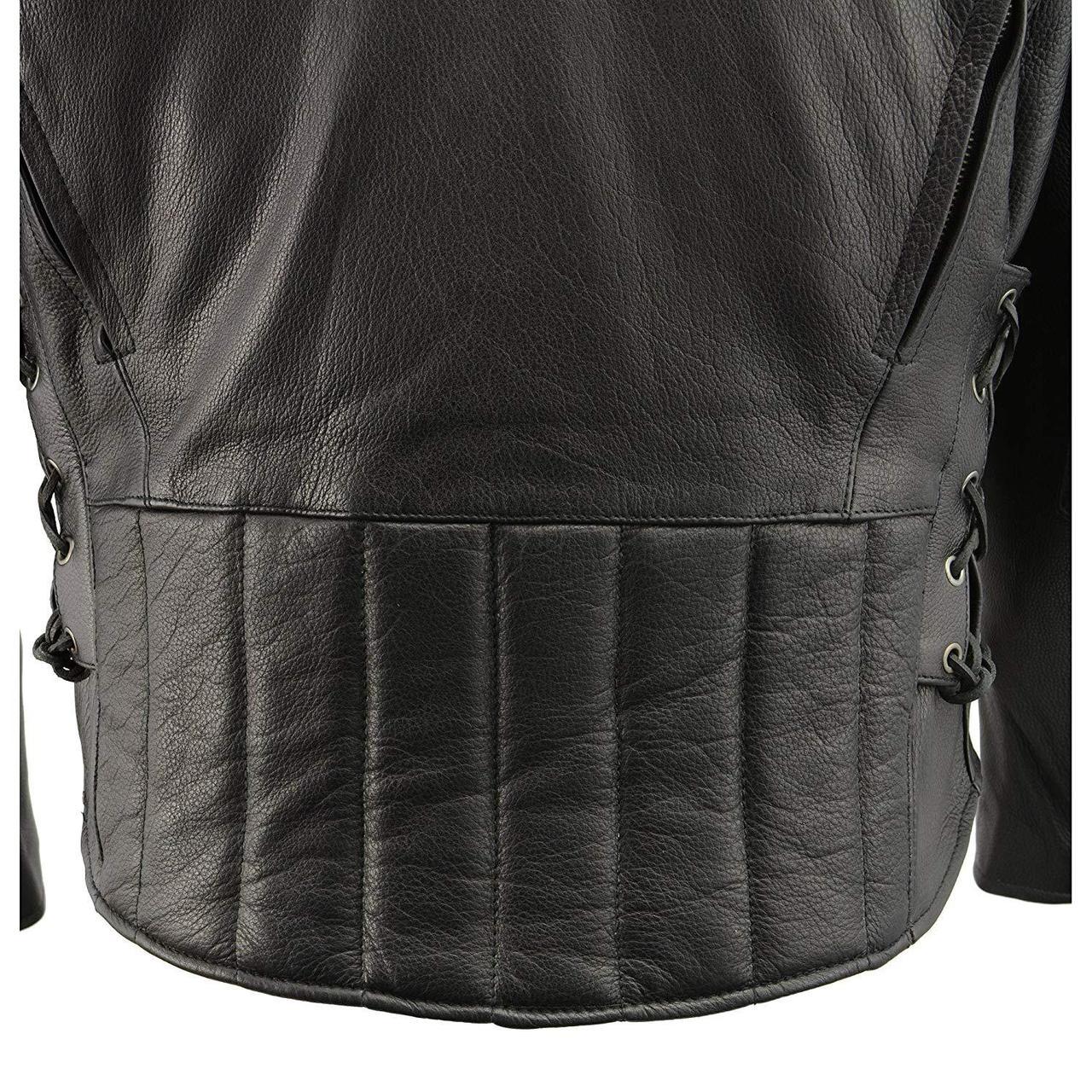 LKM1765 Men's Black Leather Racer Style Side Laced Motorcycle Jacket w/ Ventilation System