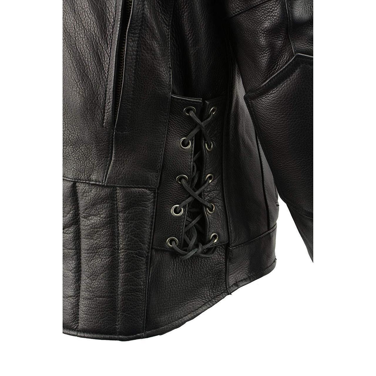 LKM1765 Men's Black Leather Racer Style Side Laced Motorcycle Jacket w/ Ventilation System
