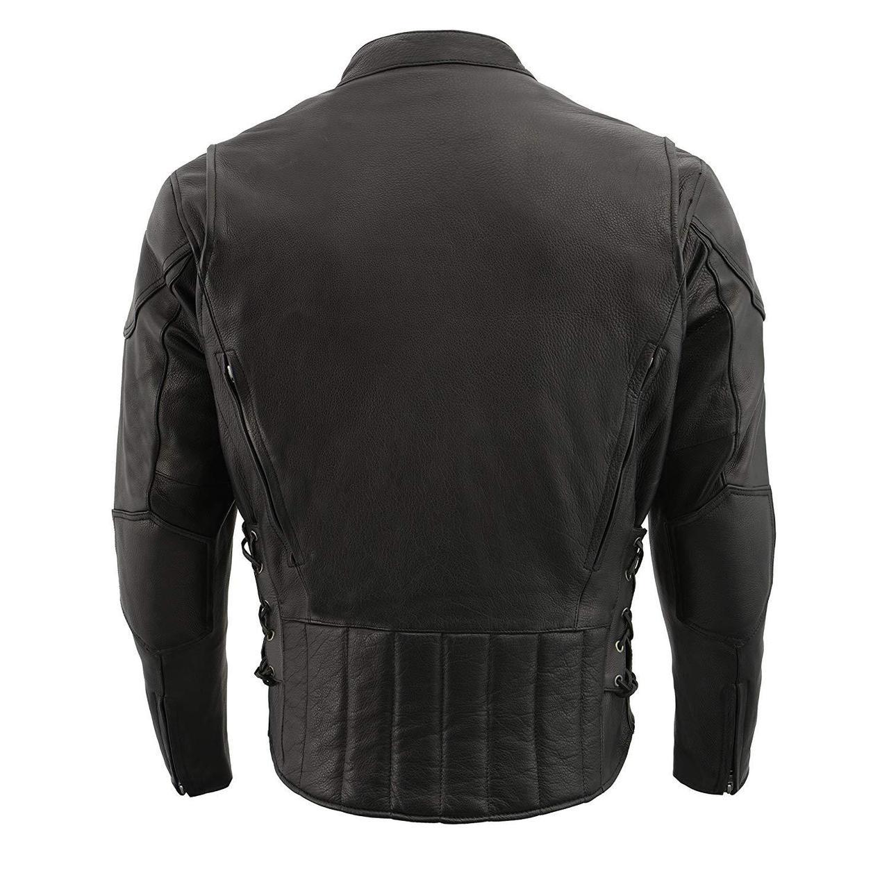 LKM1765 Men's Black Leather Racer Style Side Laced Motorcycle Jacket w/ Ventilation System