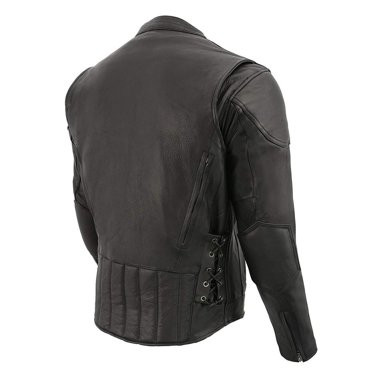 LKM1765 Men's Black Leather Racer Style Side Laced Motorcycle Jacket w/ Ventilation System