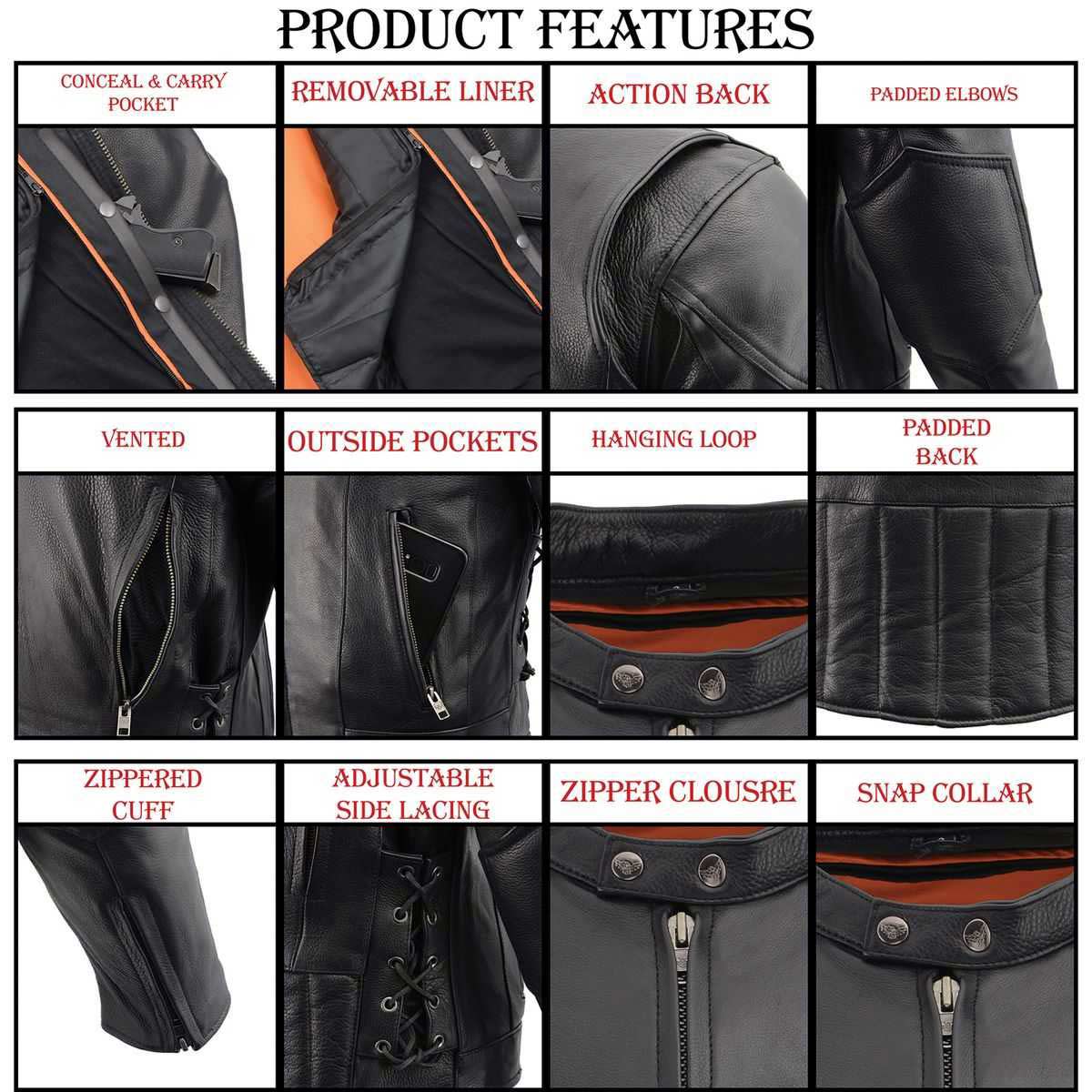 LKM1765 Men's Black Leather Racer Style Side Laced Motorcycle Jacket w/ Ventilation System