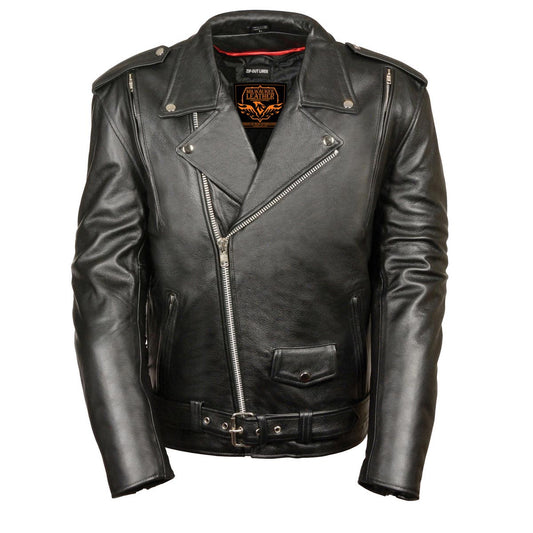 LKM1775 Men's Black Leather Vintage Brando Style Motorcycle Riders Jacket with Side Laces