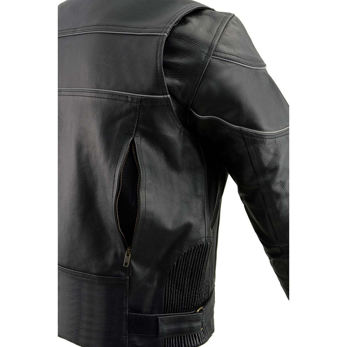 LKM1785 Mens Black Leather Racer Style Motorcycle Jacket w/ Side Stretch and Reflective Piping