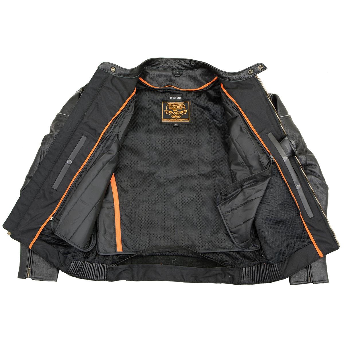 LKM1785 Mens Black Leather Racer Style Motorcycle Jacket w/ Side Stretch and Reflective Piping