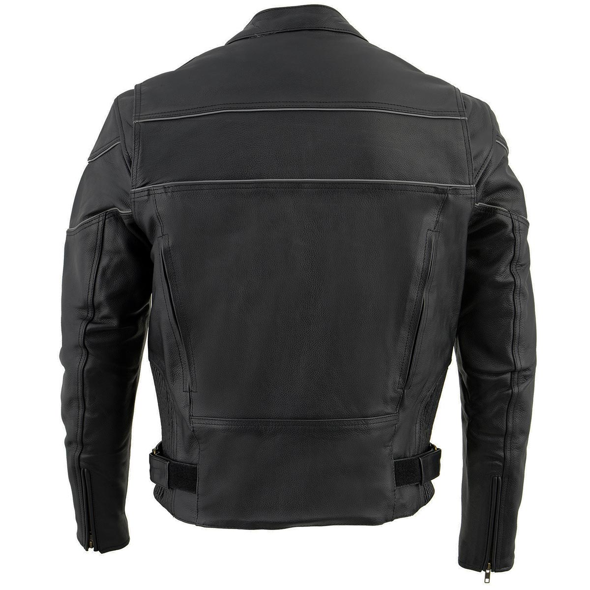 LKM1785 Mens Black Leather Racer Style Motorcycle Jacket w/ Side Stretch and Reflective Piping