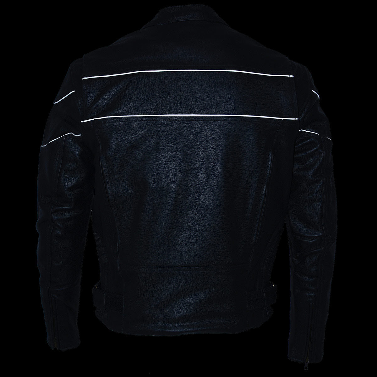 LKM1785 Mens Black Leather Racer Style Motorcycle Jacket w/ Side Stretch and Reflective Piping