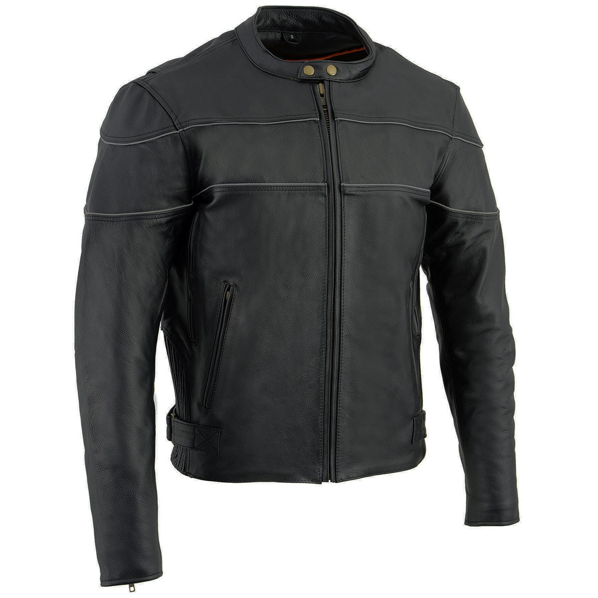 LKM1785 Mens Black Leather Racer Style Motorcycle Jacket w/ Side Stretch and Reflective Piping