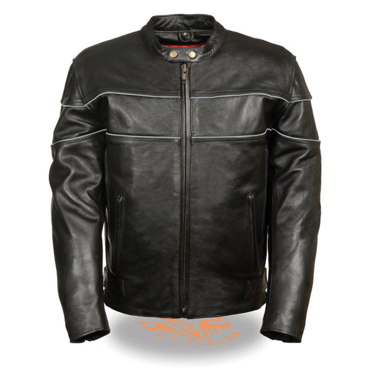 LKM1785 Mens Black Leather Racer Style Motorcycle Jacket w/ Side Stretch and Reflective Piping