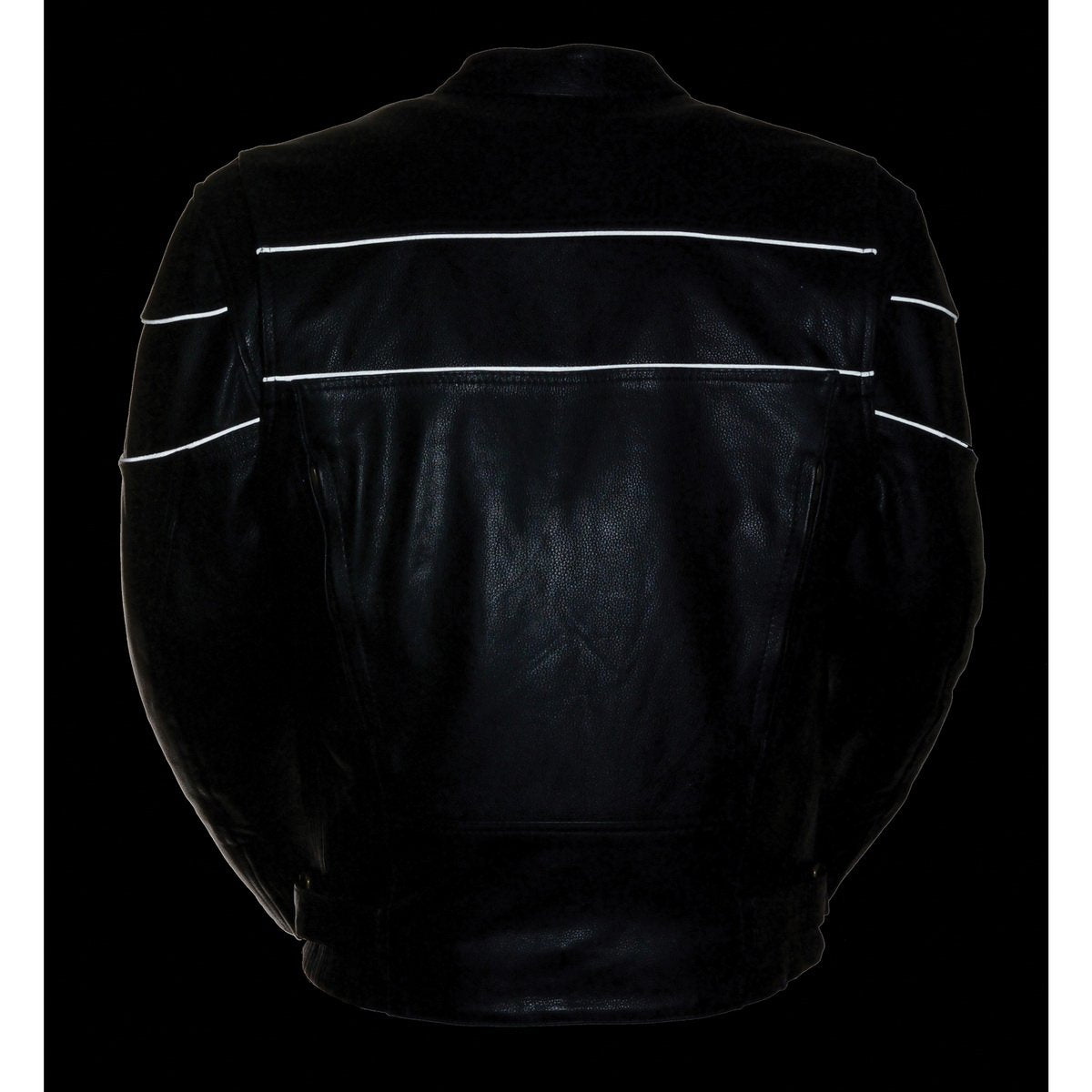 LKM1785 Mens Black Leather Racer Style Motorcycle Jacket w/ Side Stretch and Reflective Piping