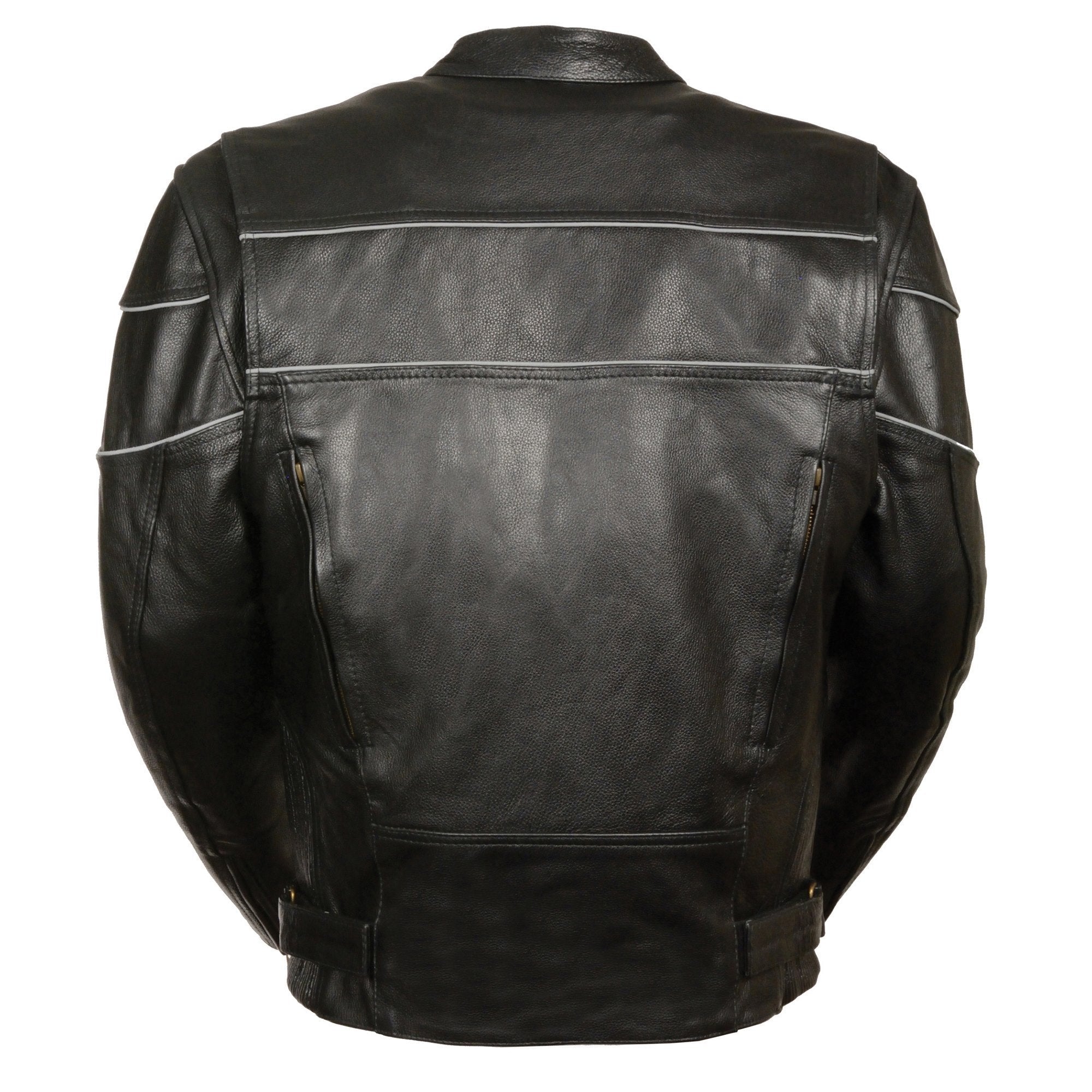 LKM1785 Mens Black Leather Racer Style Motorcycle Jacket w/ Side Stretch and Reflective Piping