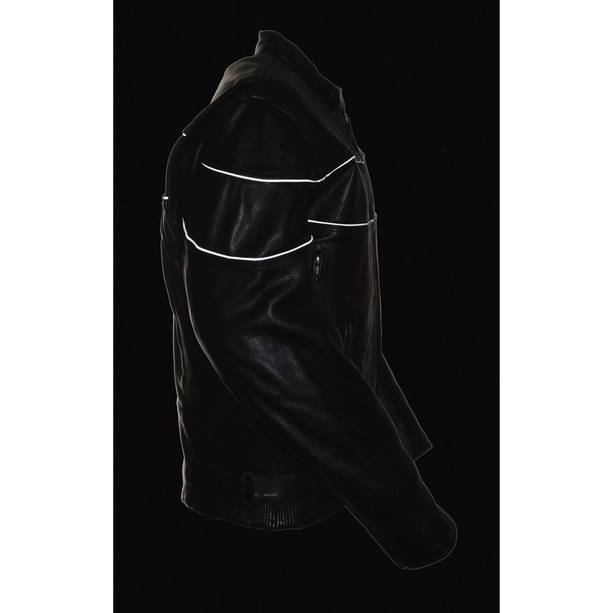 LKM1785 Mens Black Leather Racer Style Motorcycle Jacket w/ Side Stretch and Reflective Piping