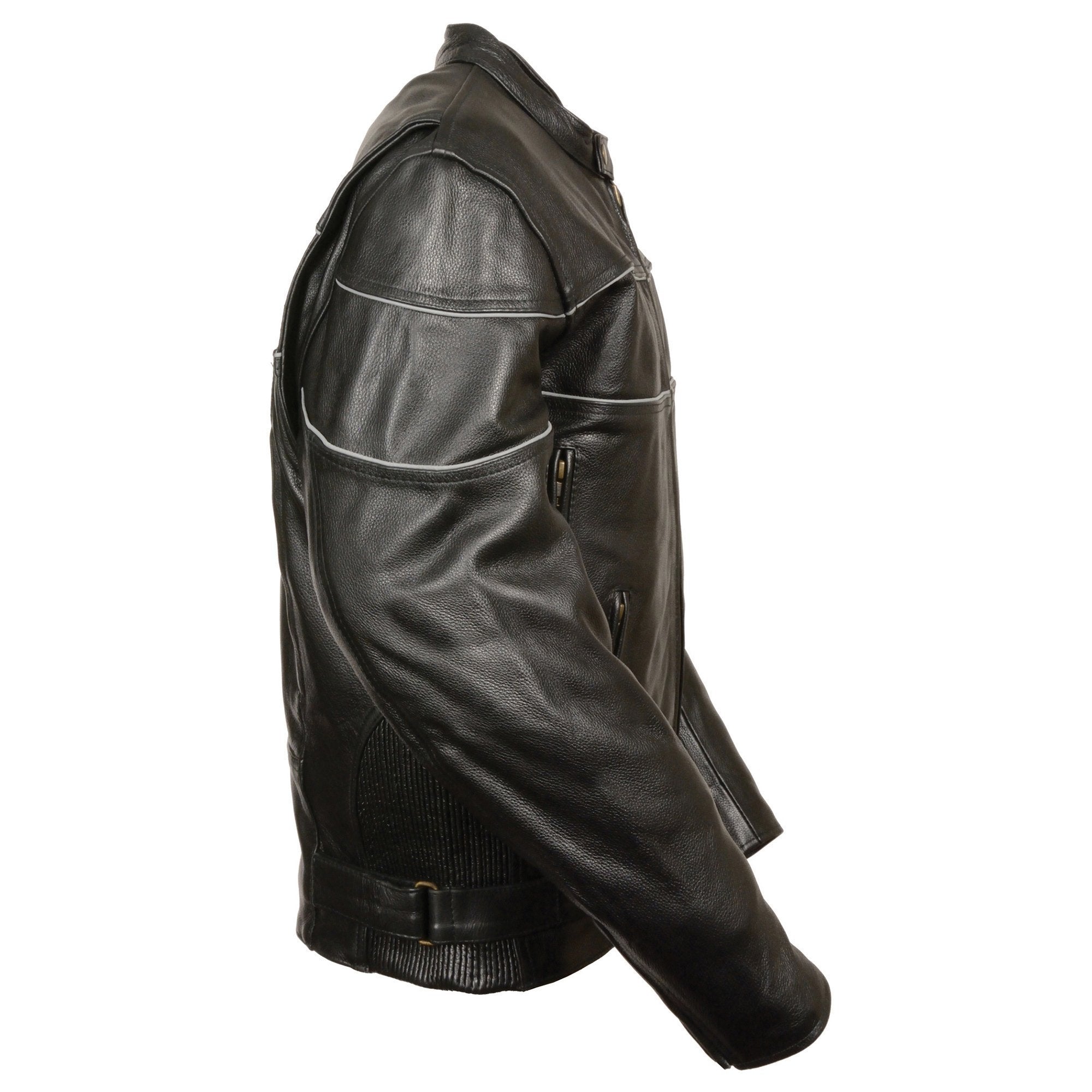 LKM1785 Mens Black Leather Racer Style Motorcycle Jacket w/ Side Stretch and Reflective Piping