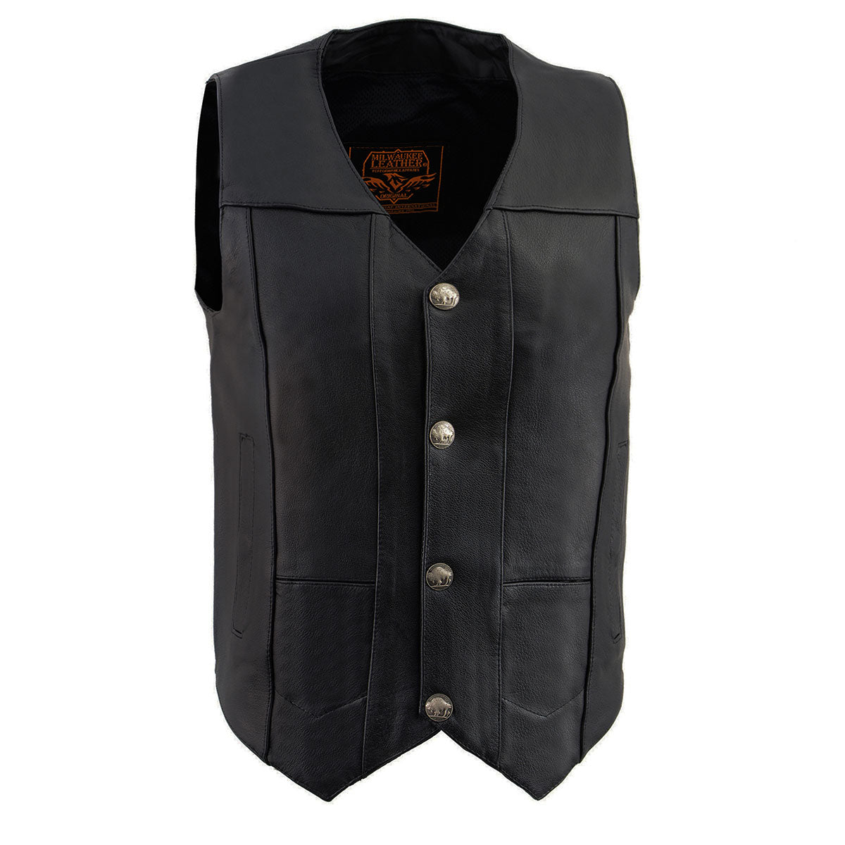LKM3700 Men's Classic Black Leather Motorcycle Rider Vest w/ Buffalo Nickel Snaps Closure