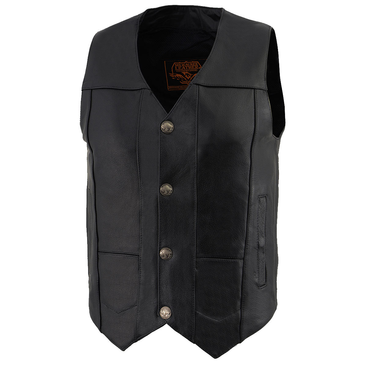 LKM3700 Men's Classic Black Leather Motorcycle Rider Vest w/ Buffalo Nickel Snaps Closure