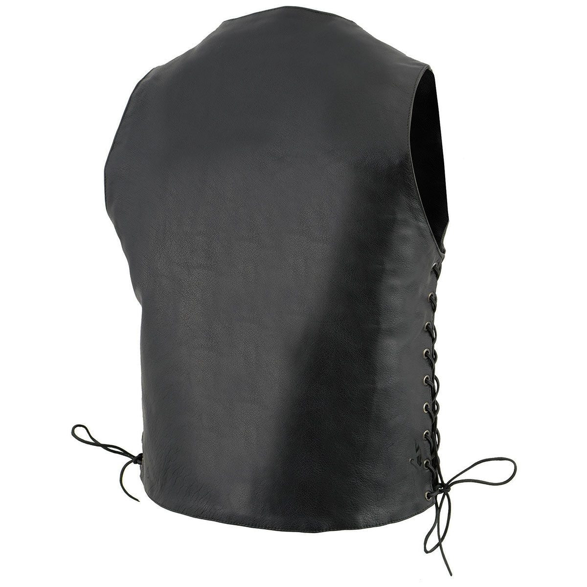 LKM3701 Men's Black Leather Classic V-Neck Motorcycle Rider Vest w/ Buffalo Snaps and Side Laces